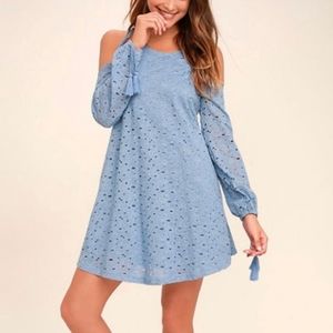 J.O.A. Cold Shoulder Long Sleeve Eyelet Distressed Blue Tassel Mini Dress Medium